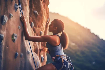 Rolgordijnen African sportswoman exercises climbing on climbing wall © A Denny Syahputra