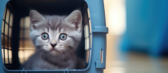 Cute gray kitten peering from shelter kennel