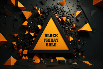 Black Friday banner. Black orange abstract geometric triangles and cubes background