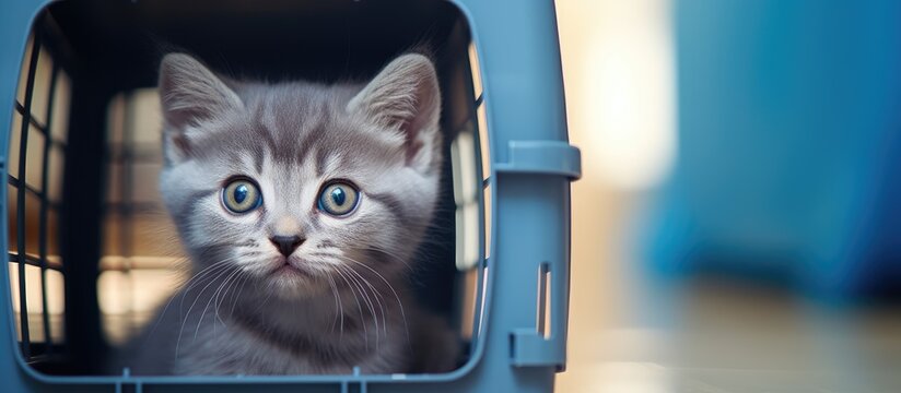 Cute gray kitten peering from shelter kennel