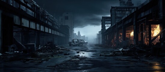 Abandoned factory street post apocalyptic scenery