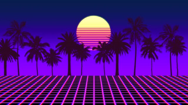 A vibrant 80's inspired graphic depiction featuring a grid pattern of palm trees against a stunning sunset backdrop, characterized by a retro color palette of purple, pink, and orange