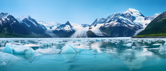 Massive icebergs and Melting glacier against a mountain backdrop. Climate change concept for global warming, rising sea level, crisp cold air. Generative ai