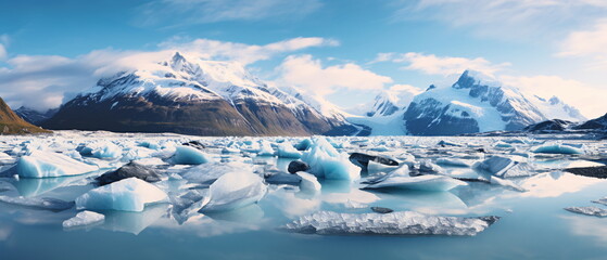 Fototapeta na wymiar Massive icebergs and Melting glacier against a mountain backdrop. Climate change concept for global warming, rising sea level, crisp cold air. Generative ai