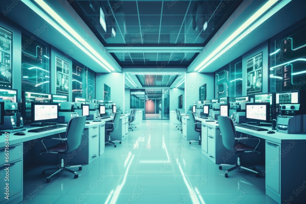 Poster 3d rendering of a modern office interior with computers and lights, interior of a modern computer ro