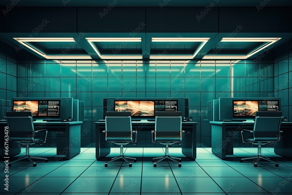 Poster 3d rendering of a modern office interior with computers and monitors, interior of a modern computer 