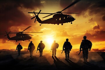 Fototapeta na wymiar Silhouettes of soldiers and military helicopters at sunset. 3D rendering, Infantry soldiers and helicopters on a sunset background, anonymous faces, AI Generated