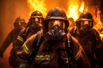 Firefighters fighting a fire with a gas mask and oxygen mask, Inferno Protectors: A group of masked firefighters bravely battles towering flames, showcasing their commitment to saving, AI Generated