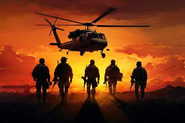 Silhouette of soldiers with a helicopter on the background of the sunset, Infantry soldiers and...
