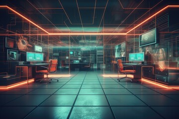 3D rendering of a Cyberpunk office interior with neon lights, Interior of a modern computer room. 3D rendering - obrazy, fototapety, plakaty