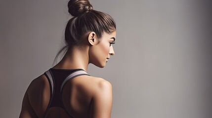  a woman in a sports bra top with her hair in a bun.  generative ai
