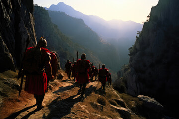Crimson Cloaked Spartans on a Mountain Trail - obrazy, fototapety, plakaty