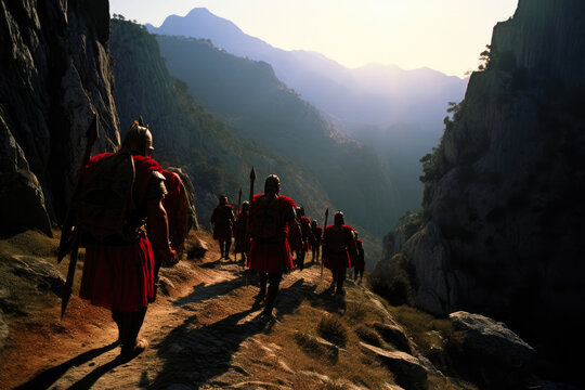 Crimson Cloaked Spartans on a Mountain Trail