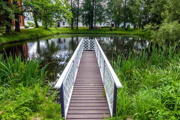 Fototapeta na wymiar Wooden bridge on a small artificial lake in summer