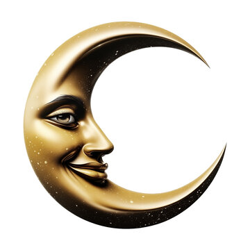 Golden Crescent Moon With Face Isolated on Transparent Background
