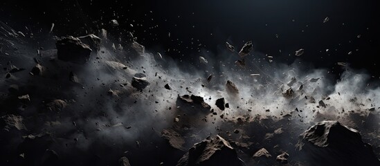 Artificial Intelligence rendered debris with dust on black background - obrazy, fototapety, plakaty