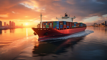 Container Cargo freight ship with working crane bridge for Logistic Import Export background