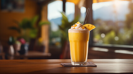 mango smoothie on the table with cafe, restaurant or coffee shop background. Food and drinks lifestyle concept for Beverage collection