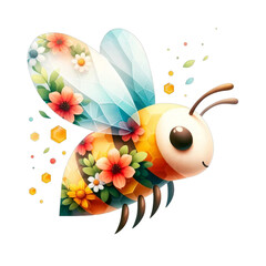 Artistic representation of a bee using watercolor effects, surrounded by beautiful flowers. Unique designs with Double Exposure and Low Poly styles capturing nature's beauty.
