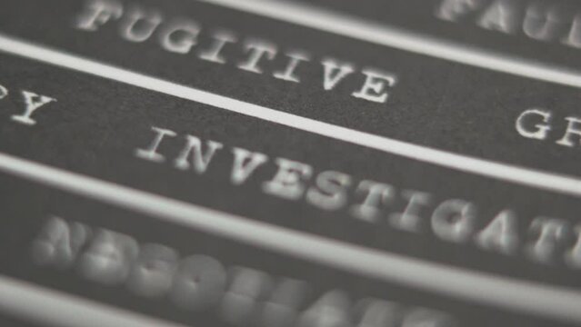 Words of investigate criminal fingerprint denial detain murder case Macro Shot