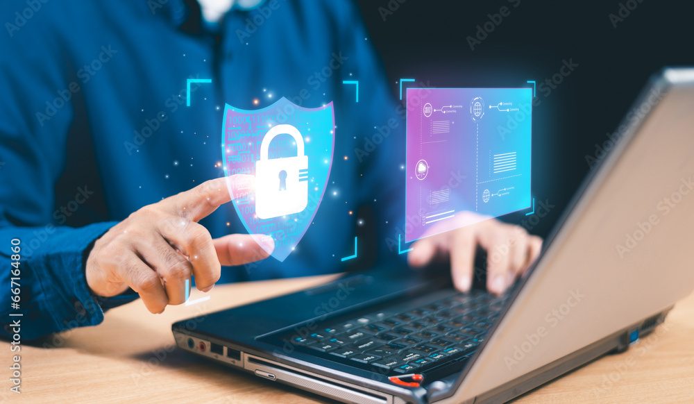 Poster cybersecurity system concept, digital global network security technology process, business data docu
