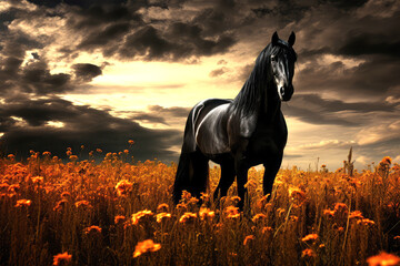 horse with flowers on background
