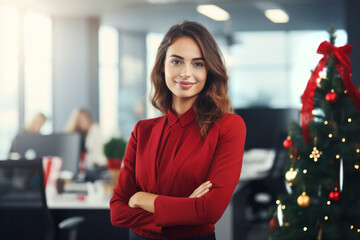 Happy Business Woman With Crossed Arms Looking at Camera During Christmas in Office - obrazy, fototapety, plakaty