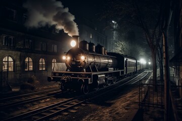 Nighttime scene of a steam train in a city. Generative AI