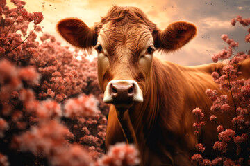 cow with flowers on background