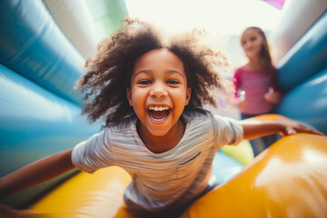 Birthday Bliss: Children's Candid Moments in Bounce House - obrazy, fototapety, plakaty
