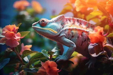 Poster chameleon with flowers on background © Tidarat