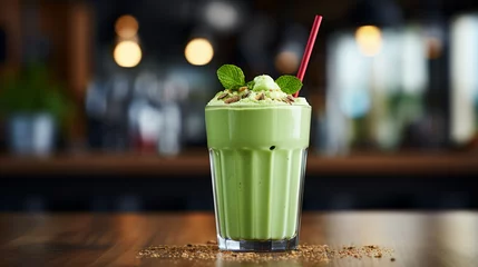 Foto op Plexiglas avocado smoothie on the table with cafe, restaurant or coffee shop background. Food and drinks lifestyle concept for Beverage collection © IMAGINIST : Food