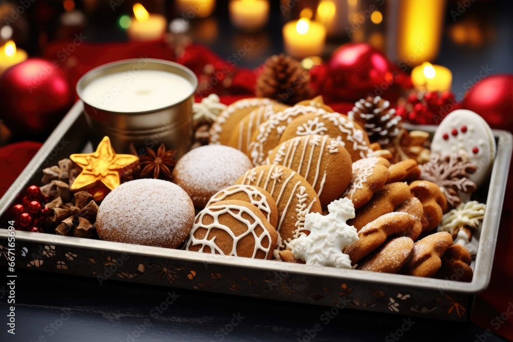 Wall mural  a tray filled with cookies and a cup of milk on a table.  generative ai