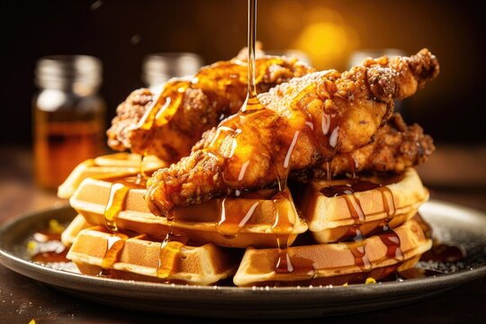  a pile of chicken and waffles on a plate.  generative ai