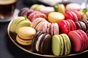  a plate of colorful macaroons and a glass of coffee.  generative ai