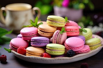 Fototapeta na wymiar a plate of colorful macaroons and berries on a table. generative ai