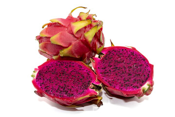 closeup of a Pitahaya or dragon fruit cut in half isolated on white background