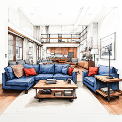 Watercolor sketch captures an American modern style living room's interior design