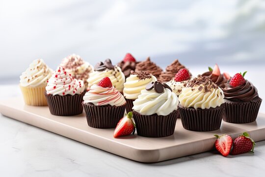  a tray of cupcakes with chocolate frosting and strawberries.  generative ai