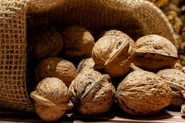 Closeup of whole walnuts coming out of a sack on a table