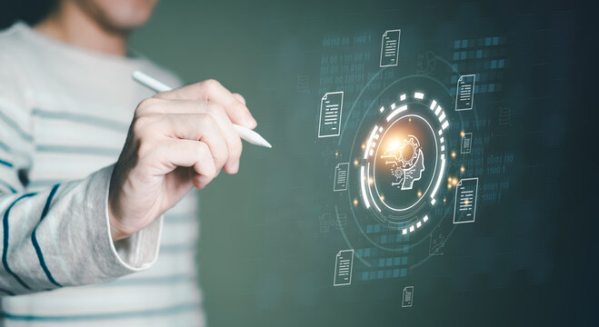 Business man using AI artificial intelligence to compute market analysis from data warehouse, data collection for customer insight, marketing campaign or insert command prompt for data analytic.