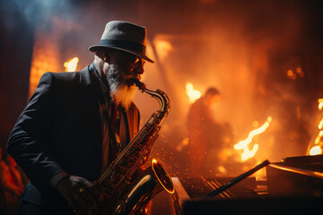 Saxophone Serenity: Jazz Virtuoso in Smoky Ambiance - obrazy, fototapety, plakaty