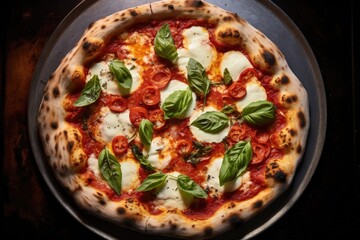  a pizza with cheese, tomatoes and basil on a pan.  generative ai