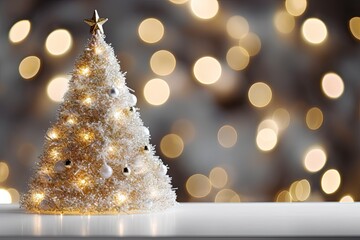 Golden holiday dreams. Tree christmas background. Frosty elegance. Celebration xmas in white and gold. Magical lights. Festive abstract. Winter glistening beauty
