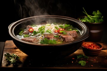  a bowl of beef noodle soup on a wooden table.  generative ai