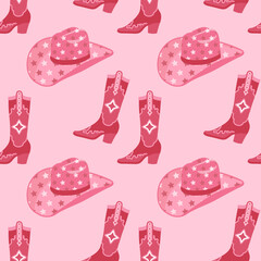 Cute pink seamless pattern with retro cowgirl hats and cowboy boots. Background, print for girls. Vector