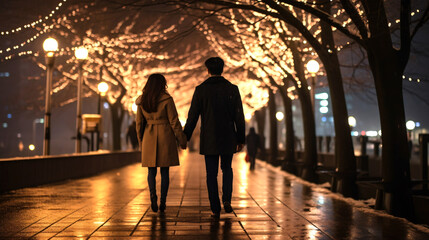 冬の夜のデート、日本人の男性と女性のカップル - obrazy, fototapety, plakaty