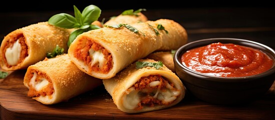 Cheesy homemade pizza roll appetizers with tomato sauce - obrazy, fototapety, plakaty
