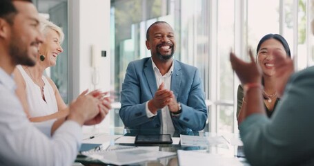 Business people, handshake and applause for meeting, partnership or employee promotion at the office. Businessman shaking hands in b2b, deal or teamwork success and clapping for onboarding agreement - Powered by Adobe
