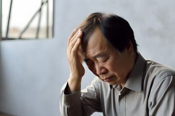 Dizziness or headache of Asian elder man. AI generative